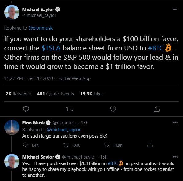 머스크 테슬라 회장과 마이클 세일러 마이크로스트래티지 창업자의 트위터 대화. /사진=트위터 화면캡처.