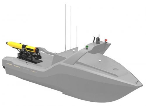 SAS AUV가 무인수상정(USV)에 탑재된 모습. /사진=한화시스템.